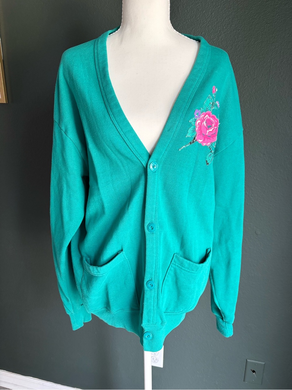 VTG Jerzees Made in USA Teal Floral Sweatshirt Cardigan One Size Fits All